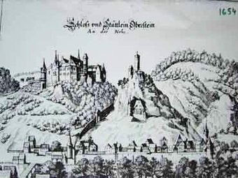 Oberstein mit den Burgruinen Oberstein und Bosselstein bei Matthäus Merian