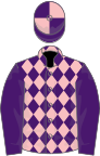 Pink, purple diamonds, purple sleeves, quartered cap