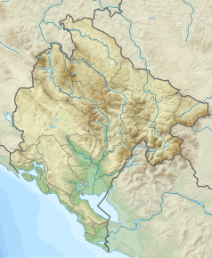 Mapa konturowa Czarnogóry, po lewej nieco na dole znajduje się punkt z opisem „Zatoka Kotorska”