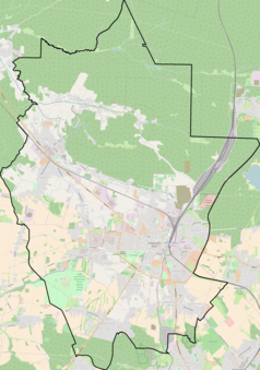 Mapa konturowa Tarnowskich Gór, po lewej znajduje się punkt z opisem „Huta Fryderyk”