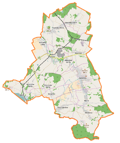 Mapa konturowa gminy Sulików, na dole nieco na prawo znajduje się punkt z opisem „Łowin”