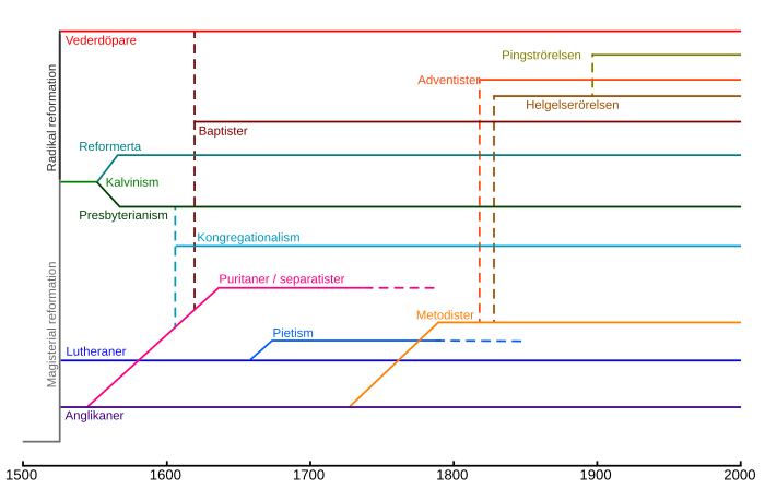 Diagram som visar huvudsakliga grenar och rörelser som reformationen gav upphov till.