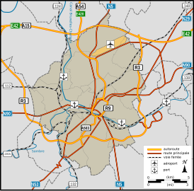 Petite ceinture de Charleroi dans l'ensemble des autoroutes.