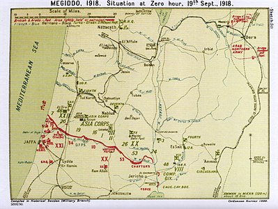 El croquis del mapa 30 de mostra la posició de la primera línia abans de la batalla de Meguidó el setembre de 1918