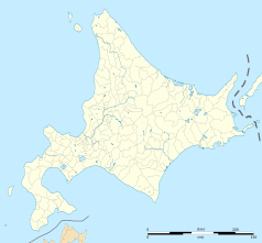 Mapa konturowa Hokkaido, na dole po lewej znajduje się punkt z opisem „Kaminokuni”