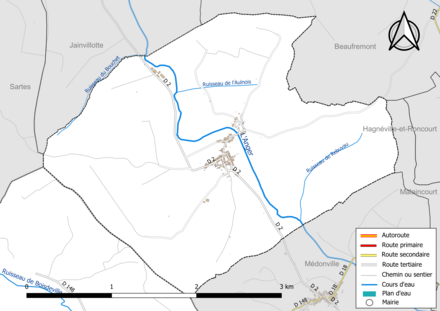 Carte en couleur présentant le réseau hydrographique de la commune