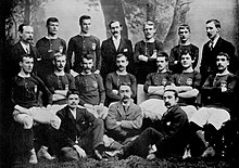 The Scotland national football team: (back row, l-r) SFA vice-president RF Harrison, John Drummond, William Lambie, SFA president Archibald Sliman, David Russell, Neil Gibson, SFA treasurer R Dixon; (middle row, l-r) William Gulliland, James Simpson, Tom Waddell, James Oswald, John McPherson, Dan Doyle, Dan McArthur; (front row, l-r) R Foyers, SFA secretary JK McDowall, trainer J Taylor