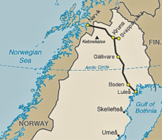 Linha férrea Malmbanan, para transporte de minério de ferro das minas de Kiruna para os portos de Narvik e Luleå.