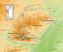 Topografisk kart over Ozarkplatået og dets delområder.