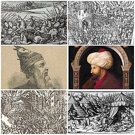 Collage van enkele veldslagen; portret van vorst Gjergj Kastrioti (links) en sultan Mehmet II (rechts)