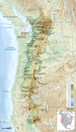 Mapa topografica de la cadena de las Cascadas que mòstra los pics majors.