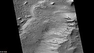 Old glacial flows and gullies on eastern side of Galle crater, as seen by CTX camera. Note: this is an enlargement of the previous photo.