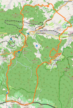 Mapa konturowa Piechowic, u góry po prawej znajduje się punkt z opisem „Pakoszów”