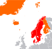 شمالی ممالک (سرخ اور نارنجی) اسکینڈینیویا (سرخ)