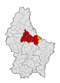 Map of Luxembourg with Reisdorf highlighted in orange, and the canton in dark red