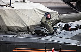 The driver has a reclining seat and a set of viewing periscopes behind his hatch for battened-down driving[89]