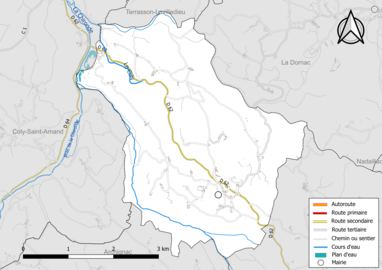 Carte en couleur présentant le réseau hydrographique de la commune