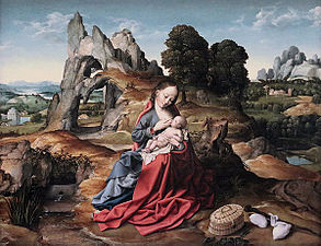 16 : Joos van Cleve, Paysage avec repos pendant la fuite en Égypte, Musées royaux, Bruxelles, inv. 2928.