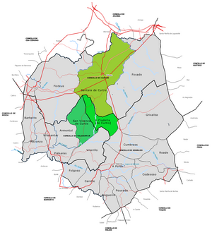 As tres parroquias de Curtis: Santaia de Curtis, A Ciadella (antiga Ciadella de Curtis) e San Vicenzo de Curtis.