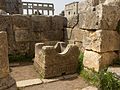 Coperchio con fregi e, sullo sfondo rovine del monastero