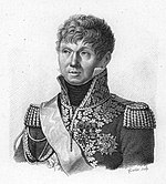 Print of curly-haired man in elaborate Napoleonic era military uniform, looking to the viewer's left