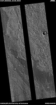 Lava channels, as seen by HiRISE under HiWish program The black strip is from an equipment malfunction.