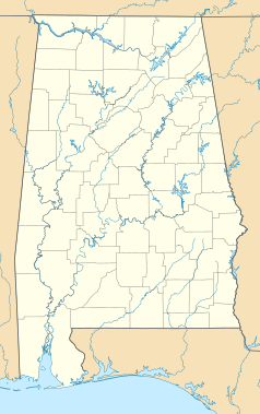 Mapa konturowa Alabamy, u góry po lewej znajduje się punkt z opisem „Russellville”