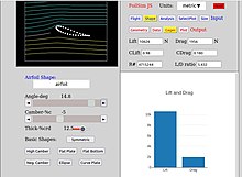 Luftstrom um ein asymmetrisches Flügelprofil im Rückenflug mit Anzeige von Auftrieb (Lift) und Luftwiderstand (Drag)