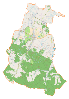 Mapa konturowa gminy Rymanów, na dole po lewej znajduje się punkt z opisem „Królik Wołoski, cerkiew”