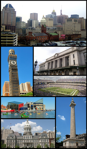 Centro de Baltimore, Emerson Bromo-Seltzer Tower, Estação da Pensilvânia, M&T Bank Stadium, Inner Harbor e o Aquário Nacional de Baltimore, Prefeitura de Baltimore, Monumento de Washington