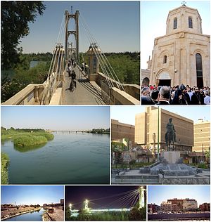 Deir ez-Zor Podul hobanat • Memorialul Genocidului Armean Râul Eufrat • Piața 8 Martie Canal de irigații • Podul hobanat noaptea • Centrul orașului