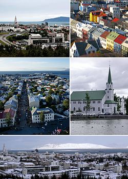 Clockwise from top left: view of old town and Hallgrímskirkja from Perlan; rooftops from Hallgrímskirkja; Fríkirkjan í Reykjavík; Reykjavík from Hallgrímskirkja; and panorama from Perlan