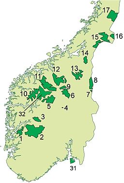 Karta över nationalparker i södra Norge. Breheimen nationalpark har nr 32.