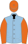 Light blue, orange sleeves and cap