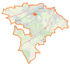 Mapa konturowa powiatu pruszkowskiego, u góry po prawej znajduje się punkt z opisem „miejsce bitwy”