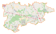 Mapa konturowa powiatu zgierskiego, blisko centrum na prawo znajduje się punkt z opisem „Tymianka”