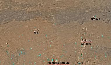 Map of Cebrenia. Viking 2 landed near Mie crater. The volcano Hecates probably has glaciers on its slopes.