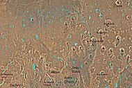 Quadrangle map of Oxia Palus labeled with major features. This quadrangle contains many collapsed areas of Chaos and many outflow channels (thought to be carved by catastrophic floods).