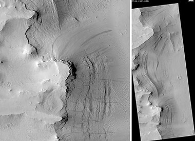 Tikhonravov Basin Streaks and layers, as seen by HiRISE. Scale bar is 500 meters long.