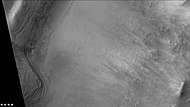 Layers in southern part of mound in South crater, as seen by CTX camera (on Mars Reconnaissance Orbiter). Note: this is an enlargement of the previous image of east side of South crater.