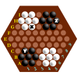 同於六角棋盤的座標法。X、Y、Z的棋珠位置分別在G5、C2、H9。