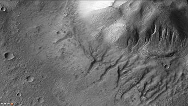 Gullies on central mound in Martz Crater, as seen by CTX camera (on Mars Reconnaissance Orbiter). Note: This is an enlargement of the previous image of Martz Crater.