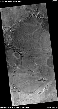 Twisted bands on the floor of Hellas Planitia, as seen by HiRISE under HiWish program