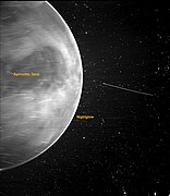 Visible light image of Venus with Ovda Regio plateau of Aphrodite Terra visible, in a first view of the surface of Venus from space (Parker Solar Probe, July 2020)