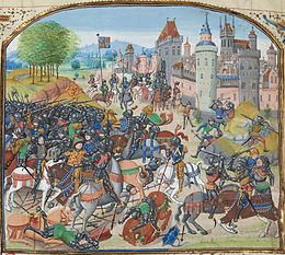 A colourful image of late-Medieval knights fighting outside a walled town