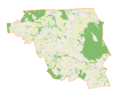 Mapa konturowa gminy Budry, u góry nieco na prawo znajduje się punkt z opisem „Dąbrówka”