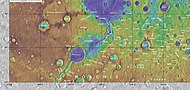 Map showing locations of several valleys in the Margaritifer Sinus quadrangle: Landon Valles, Nirgal Vallis, Uzboi Vallis, Arda Valles, Samara Valles, Himera Valles, and Clota Vallis