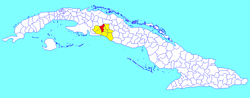 Rodas municipality (red) within Cienfuegos Province (yellow) and Cuba