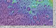 MOLA map showing Saheki Crater and nearby craters. Colors indicate elevations.