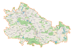 Mapa konturowa powiatu lubartowskiego, po prawej nieco na dole znajduje się punkt z opisem „Ostrów Lubelski”